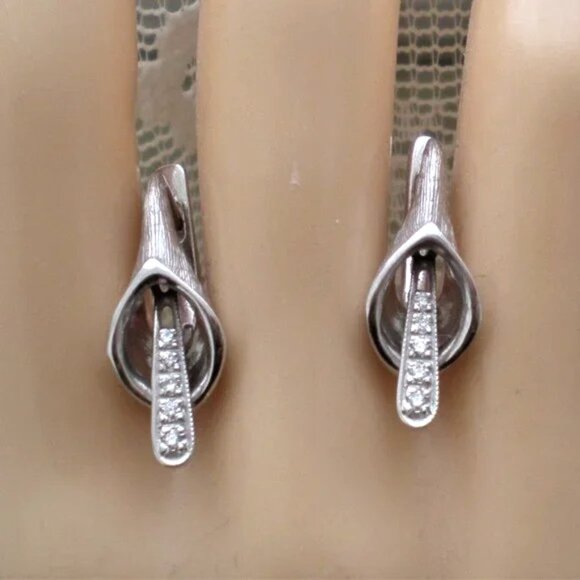 UNIQUE Russian 14K 585 White Gold CZ Cluster Calla Lily Flower Dangle Earrings - Picture 2 of 8